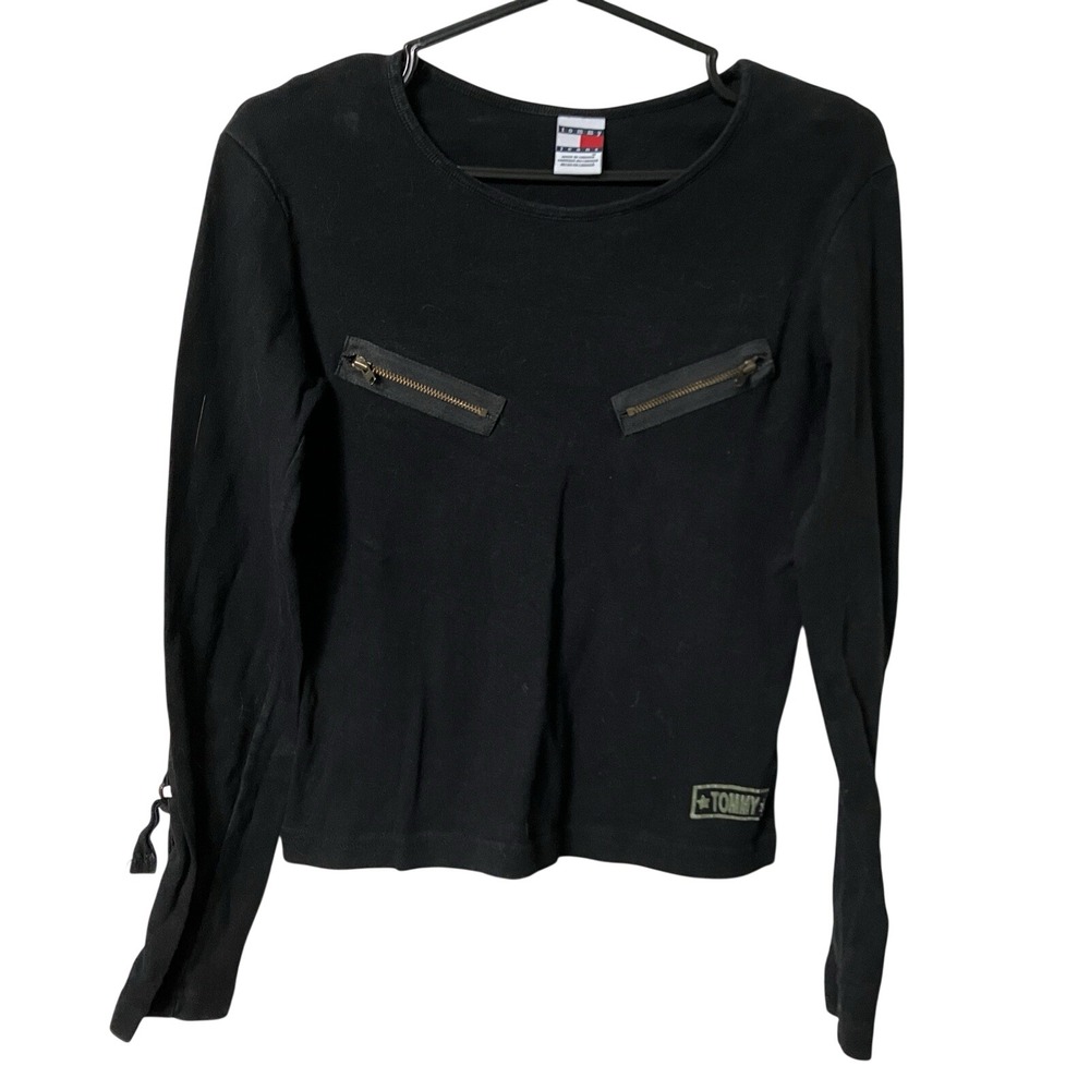 Vintage Tommy Hilfiger Shirt Womens M Ribbed Buckle‎ Sleeve Cropped Top Y2K
